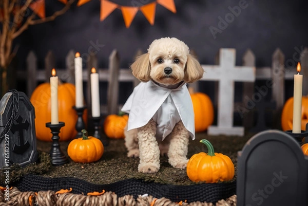 Fototapeta A small, fluffy dog dressed in a white cape stands on a decorated platform with pumpkins and candles. The background features a spooky theme with a fence and autumn decor