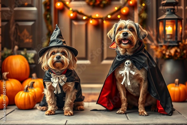 Fototapeta Two cheerful dogs wear Halloween costumes, one as a witch and the other as a vampire. They sit beside bright orange pumpkins on a festive porch with warm lights