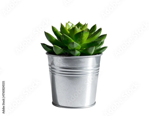 Obraz  Small Succulent in Brushed Metal Pot, side view on neutral gray background