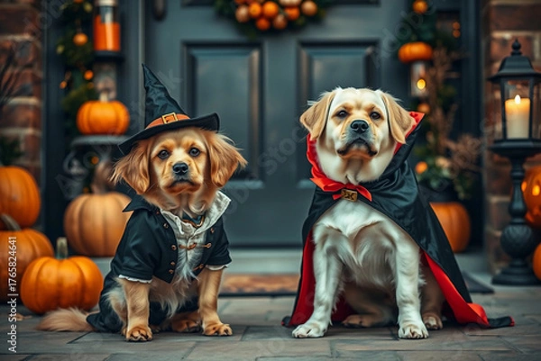 Fototapeta Two dogs dressed in festive Halloween costumes sit on a stone pathway outside a house. The scene includes carved pumpkins and decorative lanterns, creating a cozy fall atmosphere