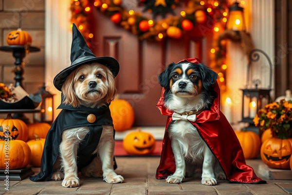 Fototapeta Two dogs dressed as a wizard and a vampire sit on a porch. The area is decorated with pumpkins and autumn lights, creating a festive Halloween atmosphere