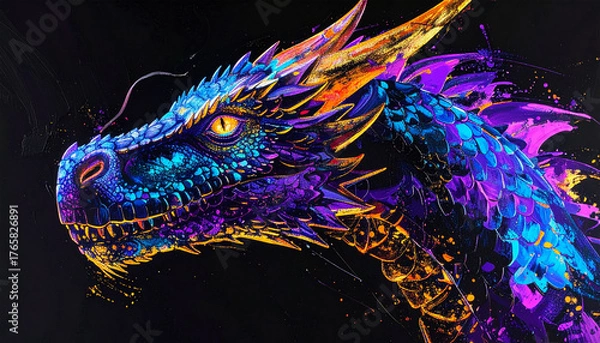 Fototapeta ネオンカラーのかっこいい龍のイラスト背景
