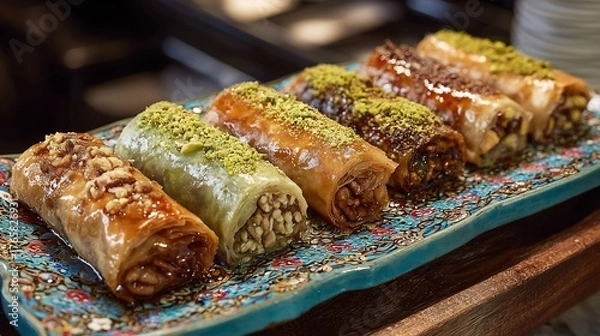 Obraz Left right display of assorted baklava rolls with pistachio walnut and hazelnut fillings glossy syrup glaze on a decorative Turkish tray