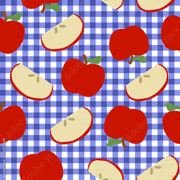 Obraz Seamless pattern of red apples and apple slices in flat design on blue gingham background for kitchen, textile, and wrapping design.
