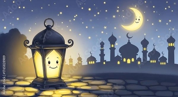Fototapeta A cute, smiling lantern glows warmly at night with a crescent moon and silhouetted mosque in the background, evoking a festive and spiritual atmosphere