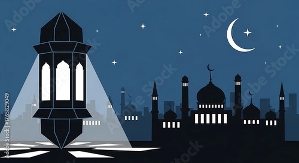 Fototapeta Ramadan lantern and mosque silhouette against a starry night sky with crescent moon, symbolizing islamic culture and religious celebration