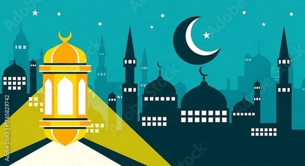 Fototapeta Ramadan lantern and crescent moon illuminating a mosque silhouette against a starry night sky, symbolizing islamic celebration and spirituality