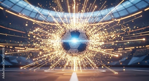 Fototapeta A soccer ball exploding with energy and light particles in a stadium, symbolizing power and dynamism in sports