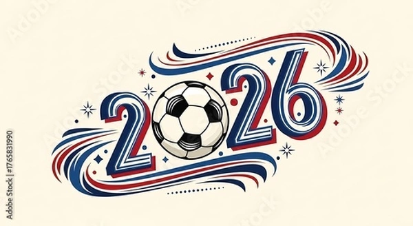 Fototapeta The year 2026 is creatively represented with a soccer ball in the center, surrounded by dynamic, swirling lines and stars in red, white, and blue