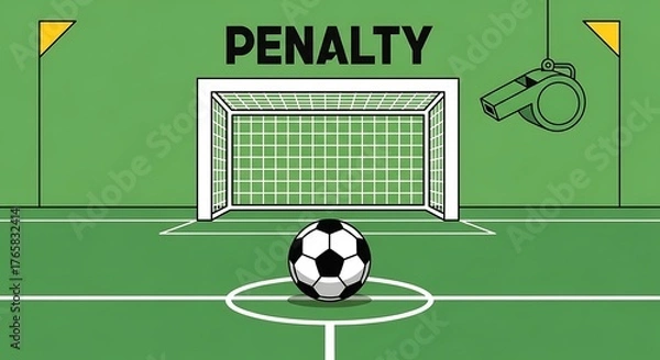 Fototapeta Soccer penalty kick situation with a goal, ball, whistle, and flags on a green field, representing a sports game