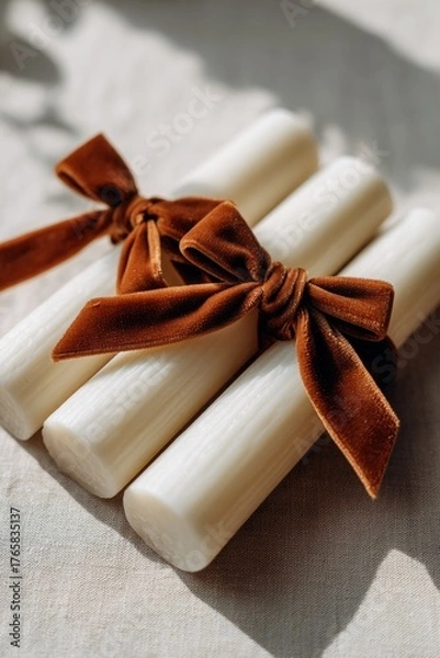 Fototapeta Scented Candle Burning on a Cozy Autumn Background, Warm Light, Fall Leaves and Soft Home Atmosphere