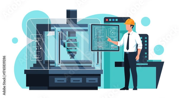 Fototapeta Engineer monitoring manufacturing processes with advanced CNC machine interface design