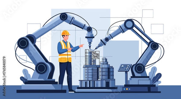 Obraz Future construction innovations: robotic arms assembling buildings under engineer supervision