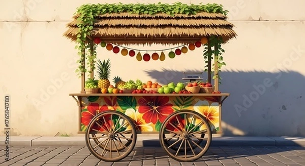 Fototapeta A vibrant tropical fruit stand with a thatched roof and colorful decorations, showcasing a variety of fresh fruits and a pineapple, set against a textured wall