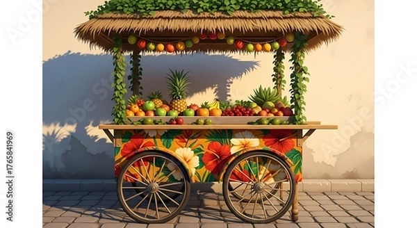 Fototapeta A vibrant and colorful fruit cart, adorned with tropical flowers and lush greenery, overflowing with fresh, ripe produce, ready for sale