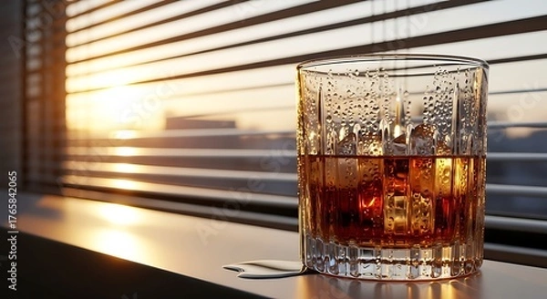 Fototapeta A glass of whiskey with ice and condensation sits on a windowsill as the sun sets through the blinds, casting warm golden light