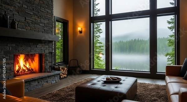 Fototapeta Cozy living room with a stone fireplace, leather sofa, and large window overlooking a misty lake and forest landscape