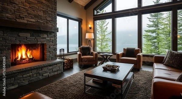 Fototapeta Cozy living room with a stone fireplace, leather armchairs, and large windows overlooking a serene lake and forest landscape