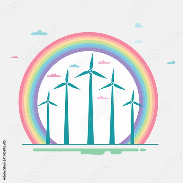Fototapeta Eco-friendly wind turbines standing tall against a vibrant pastel rainbow sky, symbolizing clean energy and a sustainable future