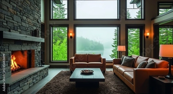 Fototapeta Cozy living room with a roaring fireplace and large windows overlooking a misty lake and lush green forest