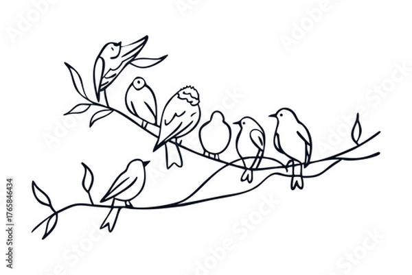 Obraz Abstract birds on branches continuous one line drawing. Birds on branch background in black and white, modern vector illustration. vector icon
