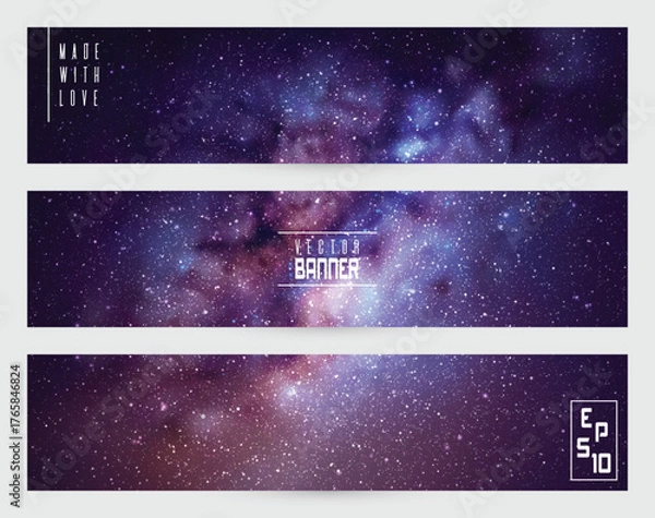 Obraz Dark night starry sky and Milky Way. Purple blue horizontal banners set