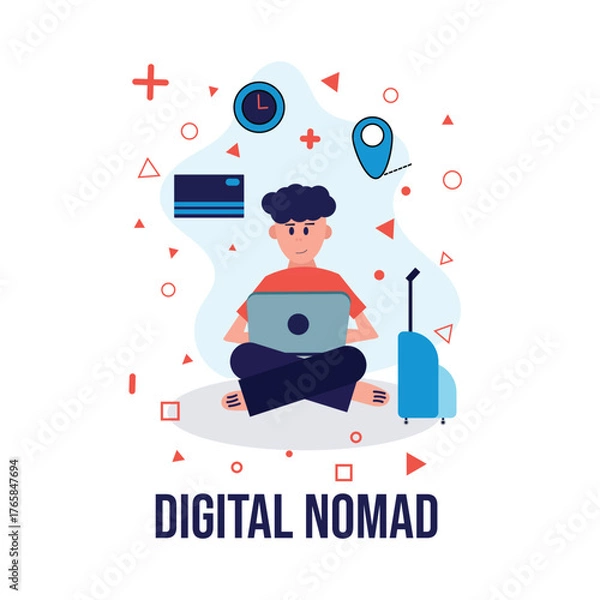 Fototapeta Vector illustration of a young man working remotely on a laptop with travel suicase and abstract background.Concept of a digital nomad,freelancer,remote work,online business and modern lifestyle.