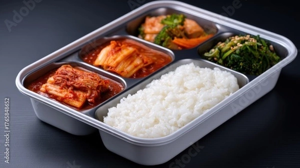 Fototapeta Korean street food, Delicious Korean meal with rice and side dishes in a tray.