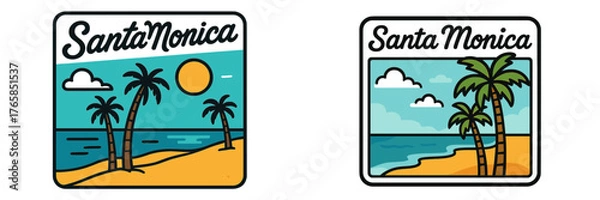 Fototapeta Colorful beach designs showcasing Santa Monica with palm trees and sunset near the ocean