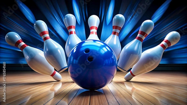 Obraz Dynamic bowling strike with blue ball knocking down pins on wooden lane, perfect for sports, leisure, and entertainment concepts