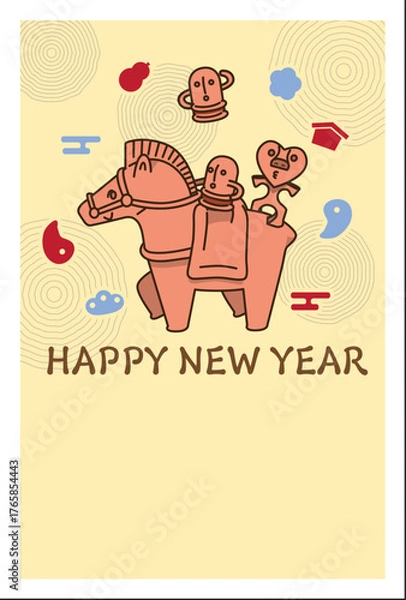 Obraz 馬の埴輪に乗った埴輪とハート埴輪の年賀状イラスト（干支・和風・ユーモアデザイン）