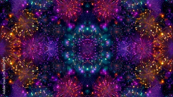 Obraz Colorful Kaleidoscopic Fireworks Explosion – Abstract Festive Background with Vibrant Lights and Patterns