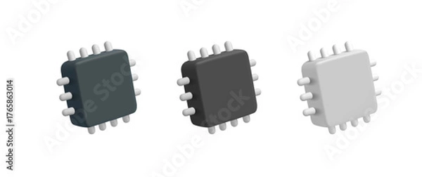 Obraz Set of colored simple 3D microchips, semiconductors. Icons on white background. For concepts of manufacturing, smart computing technology. Vector illustration.
