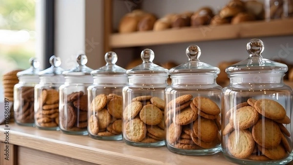 Fototapeta Assorted cookies in glass jars on a bakery counter.