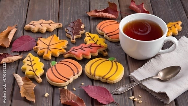 Fototapeta Autumn leaf and pumpkin cookies with tea on wooden table.