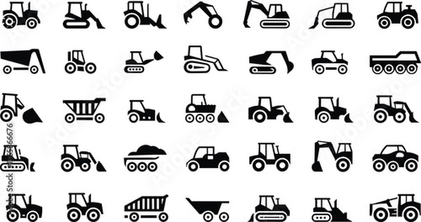 Fototapeta Black outline icons of construction vehicles, tractors, excavators, bulldozers, dump trucks, heavy machinery equipment for industrial, engineering, and building design projects