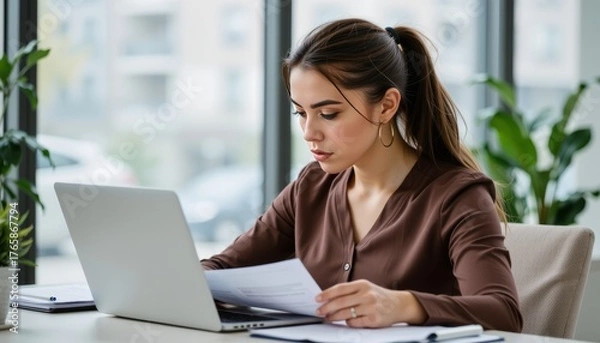 Fototapeta Focused young professional woman working intently in modern office document review bright environment close-up perspective