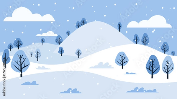 Fototapeta Winter snowy landscape with hills and trees. Winter flat landscape. Vector illustration of a winter daytime landscape with trees, mountains, and hills.