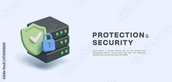 Obraz Data protection and security. 3D server, shield, check mark, lock. Storage and cyber security of personal data, information. Vector illustration.