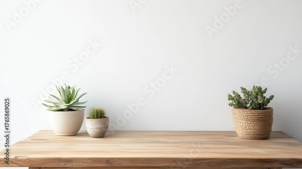 Fototapeta Minimalist decor with empty wooden table against white background for home interior design