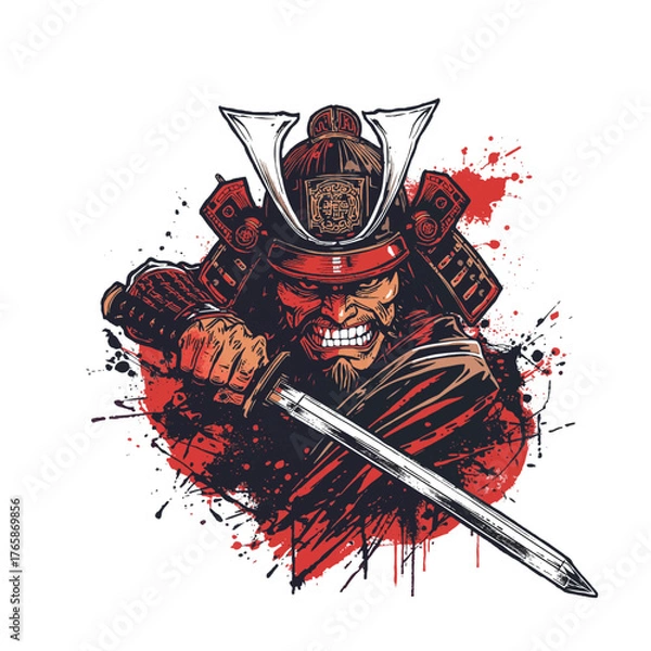 Fototapeta AI generated detailed ink illustration of a fierce samurai warrior with sword and helmet for print
