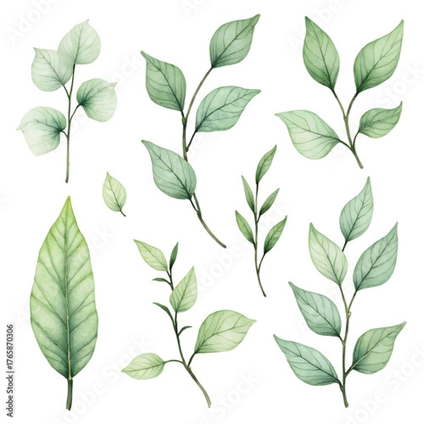 Fototapeta Watercolor green leaves elements collection botanical vector isolated on white background