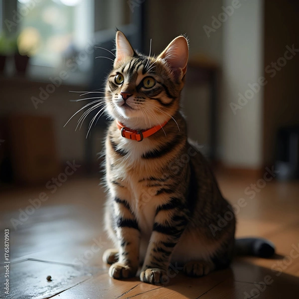 Fototapeta Portrait of beautiful purebred pussycat with shorthair and orange collar on neck sitting on floor reacting on camera flash and scared looking to light indoor