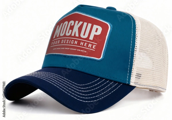 Obraz Blank Trucker Hat Mockup on White Background – Customizable Mesh Cap Template
