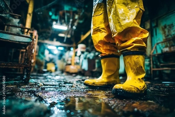 Fototapeta Low-angle shot of a worker's feet in bright yellow rubber boots and protective trousers standing in a dark, wet, and messy industrial or hazardous environment.
