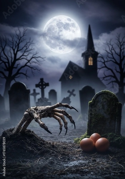 Obraz A zombie hand emerges from a grave in a spooky graveyard under a full moon, with a church in the background, evoking a sense of horror and the supernatural