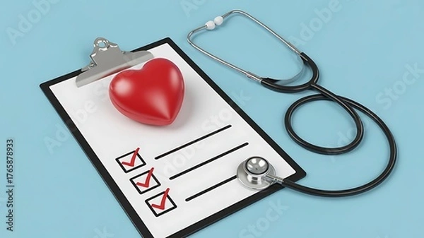 Fototapeta Healthcare Concept 3D Illustration with Stethoscope, Heart, and Checklist on Blue Background