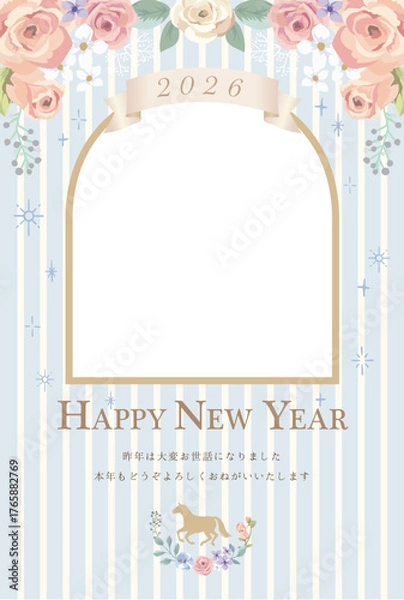 Obraz 2026年午年年賀状 馬のシルエットと花のデザイン