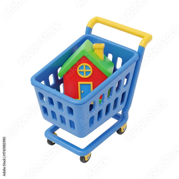 Fototapeta House Inside Blue Shopping Cart on Transparent Background