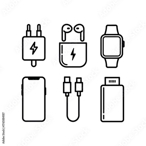 Fototapeta Six black line art icons of electronic devices and accessories electronics technology